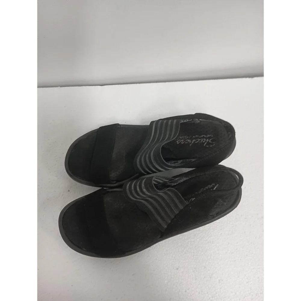 Skechers Women Rumblers Sci Fi Memory Foam Wedge Sandals 7 Black Comfort Slip On